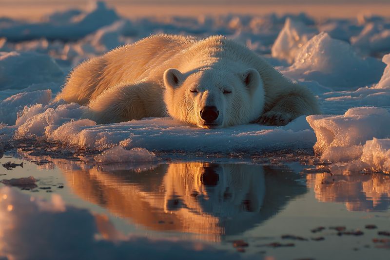 Ice sleeping reflection sunlight wildlife arctic nature fur paw snow water habitat conservation animal cold iceberg environment polar bear A polar bear is lying on its side on a large ice floe, its fur glistening in the soft light. The bear's eyes are closed, and it appears to be resting peacefully. Its head is resting on its front paw, and its body is stretched out. The ice floe is surrounded by water, and the bear's reflection can be seen in the water below. The sky is clear, and the sun is setting, casting a warm glow on the scene.