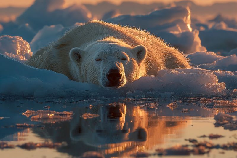 Ice snow reflection wildlife arctic sleeping sunlight nature cold habitat conservation endangered outdoors animal mammal iceberg environment polar bea A polar bear is lying on its side in the snow, its fur glistening in the soft light. The bear's eyes are closed, and it appears to be resting peacefully. Its head is turned to the side, and its ears are slightly raised. The bear's body is covered in snow, and its paws are tucked under its body. The reflection of the bear and the surrounding snow can be seen in the water below. The sky is clear, and the sun is setting, casting a warm glow on the scene.