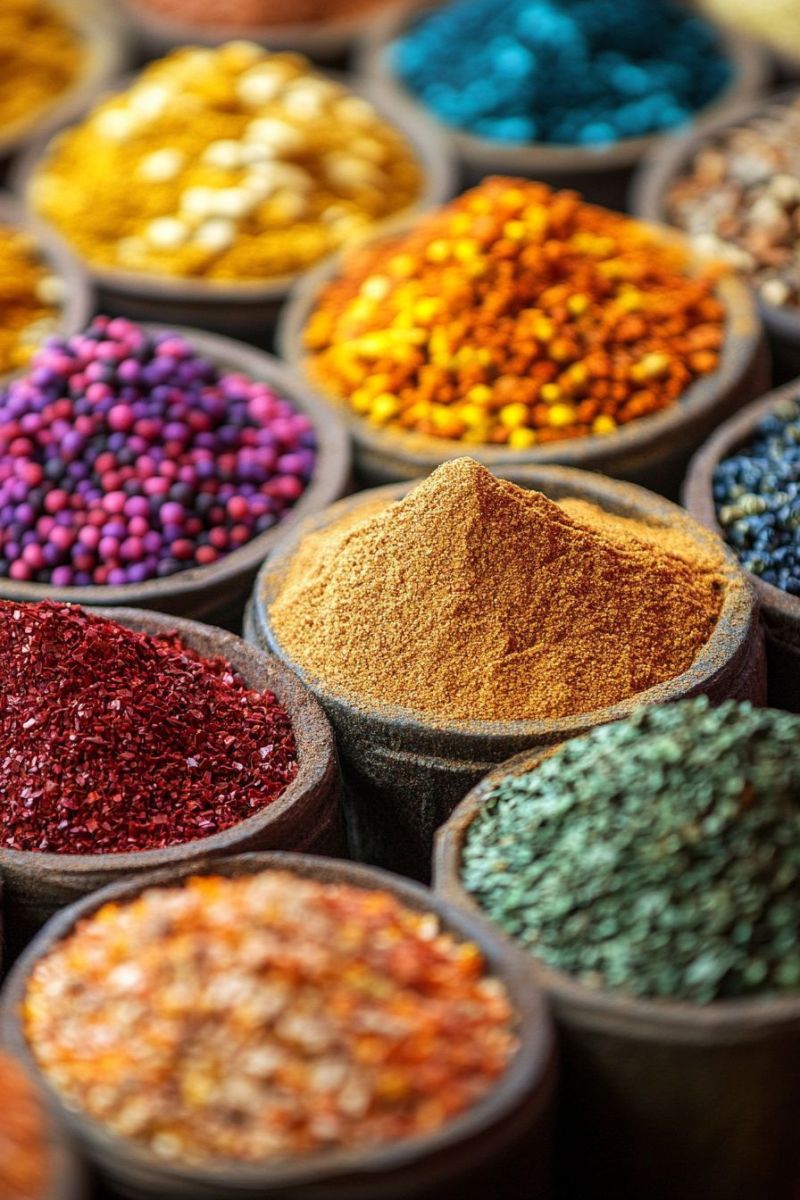 Epice coloree herbe savoureuse ingredient culinaire marche marchandise seche traditionnel produits frais affichage alimentaire L'image que vous avez partagée semble être une photographie de épices. À l'avant-plan, il y a plusieurs small pots remplis d'épices de couleurs différentes, qui pourraient inclure des graines ou des herbes. Ces épices ont des nuances allant du rouge au violet, au vert, jaune et orange, ce qui suggère une variété de saveurs ou de types. Les pots sont disposés de manière ordonnée, ce qui pourrait être le cas pour la vente ou la présentation dans un magasin ou une foire. Le fond est flou mais donne l'impression d'autres épices, ce qui fait supposer que ceci pourrait être un point de collecte ou une tente de marché spécialisée dans ces ingrédients colorés.