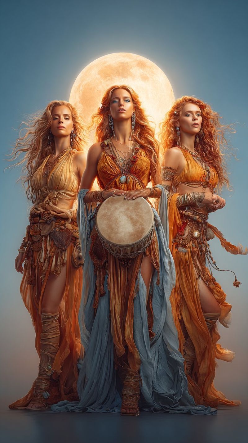 Femmes groupe debout lune nuit ciel robe bijoux boucles oreilles collier ceinture bottes tambour sandales flottants tresses Trois femmes se tiennent en ligne sous un plein soleil. La femme du milieu tient un grand tambour, ses cheveux flottant librement. La femme à gauche a les cheveux attachés et tient un petit objet, peut-être un instrument de musique. La femme à droite a les cheveux détachés et tient un petit objet dans sa main. Elles portent toutes des robes élaborées et fluides ornées de motifs complexes et de bijoux. L'arrière-plan est un ciel bleu clair avec la lune bien en vue.