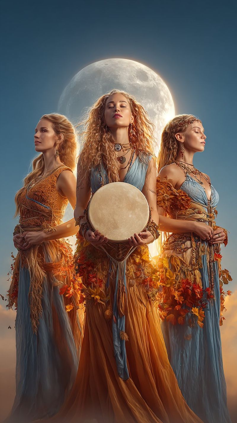 Standing moon sunset autumn fall fantasy mythology goddess ancient ritual ceremony spirituality mysticism three women blue dresses orange leaves night Three women stand in a row under a bright, full moon. The woman in the middle holds a large, round drum, her eyes closed in a serene expression. The woman on her left wears a dress with a golden-orange hue and has her eyes open, looking to the side. The woman on her right wears a blue dress adorned with autumn leaves and has her eyes closed, looking upward. The sky is a clear blue, and the moon casts a soft glow on the scene.