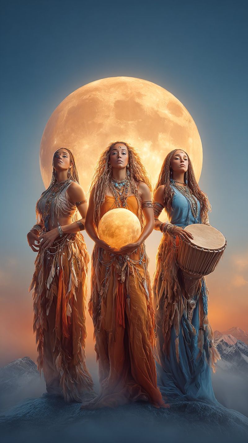 Position debout montagne plumes bijoux tambour rituel ceremonie mystique spirituel ancien tribal culturel fantaisie imagination trois femmes lune nuit Trois femmes se tiennent en ligne sur une surface rocheuse, peut-être une montagne, sous un plein soleil. La femme du milieu tient un grand objet ressemblant à la lune, qui brille, tandis que la femme à droite tient un grand tambour. La femme à gauche regarde la lune, et la femme à droite regarde l'objet ressemblant à la lune. L'arrière-plan présente un ciel bleu et une grande pleine lune qui brille.