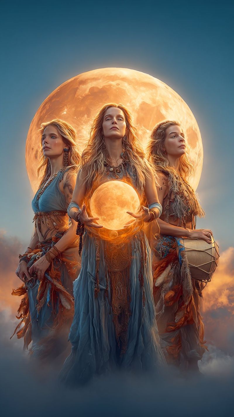 Moon ritual ceremony spirituality mysticism magic ancient pagan wicca druid shaman tarot crystal healing meditation energy aura chakra three women nig Three women stand in a mystical scene under a full moon. The central woman holds a glowing, circular object, possibly a magical artifact, with both hands. She wears a flowing blue dress adorned with feathers and beads. The woman on her left, with long blonde hair, holds a small object in her hands and wears a similar dress. The woman on the right, also with long blonde hair, holds a drum decorated with feathers and beads. The moon behind them is large and bright, casting a warm glow on the scene.