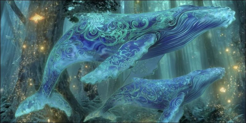 Whale fantasy ocean sea water creature glow glowing dark underwater painting two whales are depicted in a mystical underwater forest. The larger whale, positioned above, has a majestic and ethereal appearance with intricate, swirling patterns on its body, giving it a glowing, translucent quality. The smaller whale beneath it mirrors these patterns, creating a harmonious and unified scene. The background is a deep, dark blue, with glowing lights that resemble fireflies, adding a magical and enchanting atmosphere. The trees in the background are tall and dense, their branches reaching out like arms, contributing to the mystical setting. The overall scene evokes a sense of wonder and tranquility, as if the whales are swimming in a hidden, magical realm.