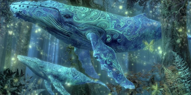 Whale fantasy ocean sea underwater creature nature aquatic marine animal seascape water glow glowing bioluminescence forest trees two whales swimming in a mystical underwater forest. The larger whale, positioned in the foreground, has a textured, intricate pattern on its skin, resembling a mix of blue and green hues. Its eyes are large and expressive, and it has a series of small holes along its head. The smaller whale, slightly behind and to the left of the larger one, mirrors the same textured pattern and color scheme. The background is a deep blue, with tall, slender trees and glowing lights that add a magical, ethereal quality to the scene. The overall atmosphere is serene and otherworldly, with the whales appearing to be in a tranquil, enchanted environment.