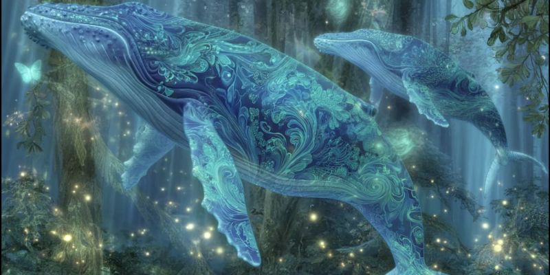 Baleine fantaisie aquatique creature sous marin mer ocean briller lumineux papillon magique mystique nature foret arbres plantes Dans une forêt mystique sous-marine, deux baleines nagent gracieusement. La baleine la plus grande, avec des motifs bleus et verts complexes sur son corps, nage légèrement en avant. Son corps est orné de dessins tourbillonnants qui ressemblent à un mélange d'éléments marins et forestiers. La baleine plus petite, située derrière et à droite, reflète les motifs et les mouvements de la plus grande. Le fond est d'un bleu profond, avec des lumières lumineuses qui ressemblent à des lucioles, ajoutant une touche magique à la scène. La forêt est dense avec de grands arbres sombres, et l'atmosphère générale est sereine et enchanteresse.