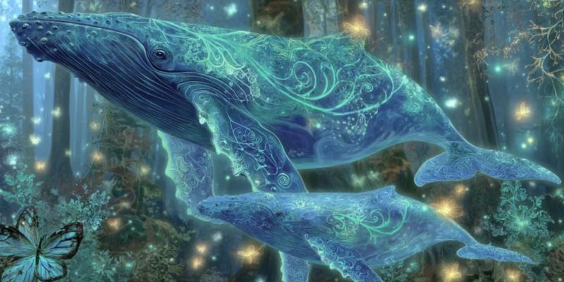 Whale dolphin fantasy aquatic sea ocean butterfly glow magic nature forest trees plants flora fauna wildlife creatures In a mystical forest, two whales are depicted in a surreal, glowing blue and green color palette. The larger whale, positioned above, has a textured, almost crystalline skin with intricate, swirling patterns. Its eyes are large and expressive, gazing forward. The smaller whale, positioned below, mirrors the larger one's patterns and colors, with a gentle curve in its body. The background is a dark, enchanted forest filled with glowing lights, possibly fireflies, adding a magical ambiance. A butterfly with a mix of blue and white patterns flutters nearby, enhancing the ethereal atmosphere.