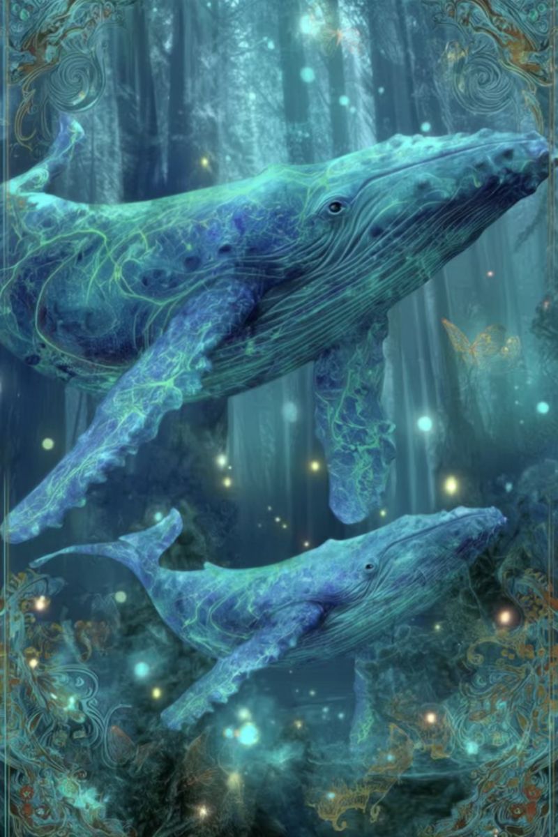 Baleines ocean sous marin fantaisie mer lueur bleu vert nature animaux bioluminescence onirique mystique ethere aquatique Deux baleines nageant gracieusement dans un environnement sous-marin profond et mystique. La baleine la plus grande est positionnée au-dessus de la plus petite, et toutes deux sont illuminées par une douce lumière éthérée qui semble émaner de l'eau elle-même. Leurs corps sont ornés de motifs complexes et lumineux qui ressemblent à des marques bioluminescentes, ajoutant à l'atmosphère magique. Le fond est d'un bleu profond et sombre, avec des touches de vert et des effluves de tourbillons dorés qui suggèrent un cadre magique ou enchanté. L'eau est remplie de minuscules lumières scintillantes qui flottent autour des baleines, renforçant le sentiment d'émerveillement et d'enchantement.