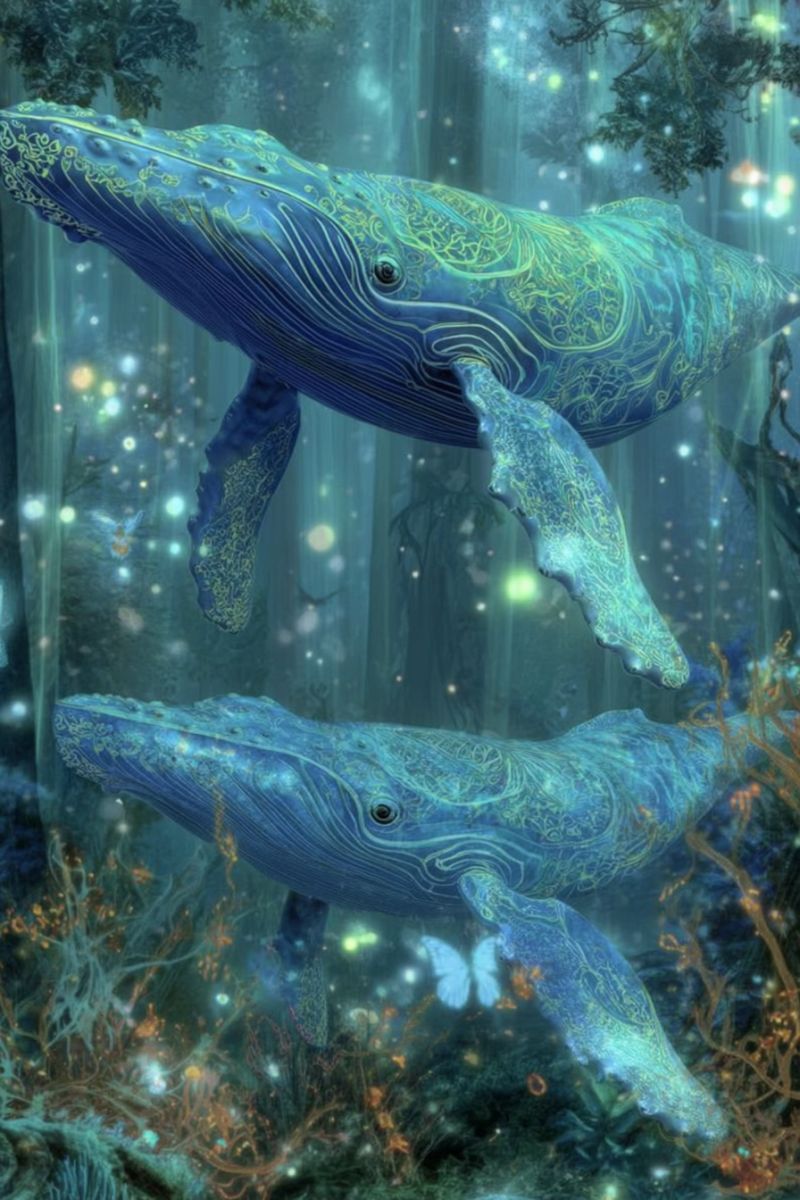 Whale underwater fantasy ocean sea creature aquatic glow coral reef nature marine bioluminescence fish seascape deep two large blue whales are swimming gracefully in a deep, mystical underwater forest. Their bodies are adorned with intricate, glowing patterns that resemble ancient runes or symbols. The water around them is a deep, shimmering blue, with tiny, sparkling lights that give the scene a magical, ethereal quality. The background is filled with tall, slender trees and plants, their leaves and branches glowing softly. The overall atmosphere is one of wonder and tranquility, as if the whales are moving through a hidden, enchanted realm.