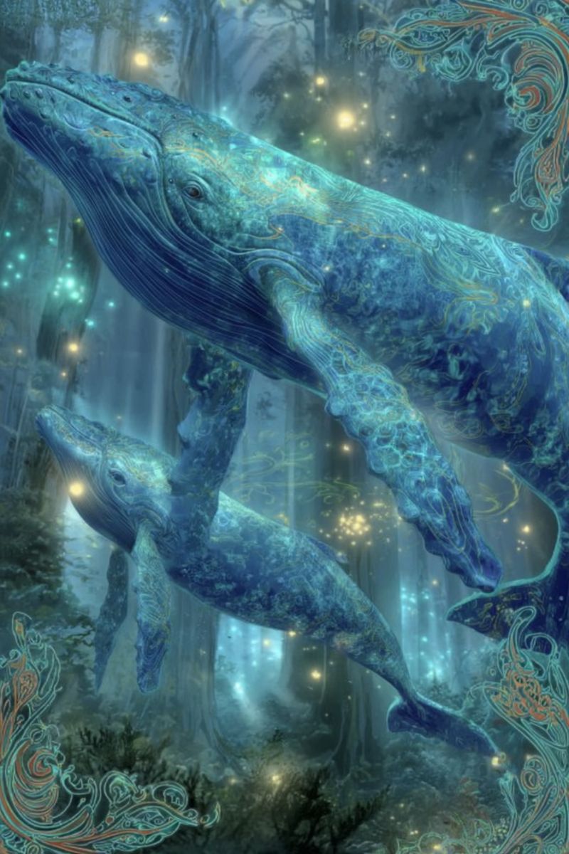 Whale ocean sea water marine aquatic swimming underwater nature wildlife mammal endangered conservation biodiversity ecosystem habitat migration Two whales are swimming in a deep blue, mystical forest. The larger whale is positioned above the smaller one, both facing left. Their bodies are adorned with intricate, glowing patterns that resemble a mix of scales and leaves. The background is a dark, enchanted forest with tall trees and glowing lights, possibly fireflies, adding a magical touch to the scene. The overall atmosphere is serene and otherworldly.