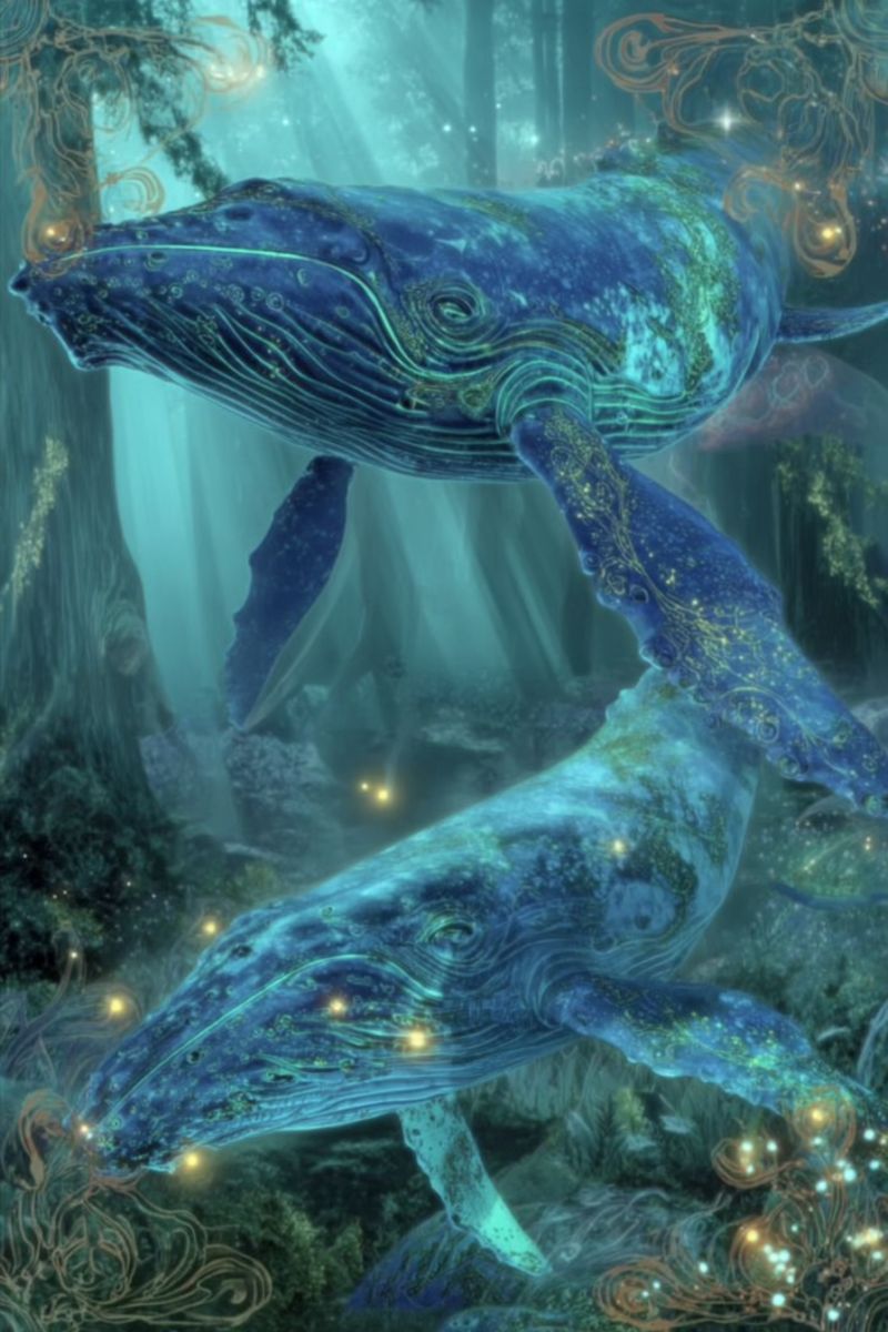 Whales ocean underwater fantasy creatures sea glow magic mystical nature trees plants forest water bubbles sparkles dreamlike Two large blue whales are swimming in a deep, mystical underwater forest. The whales have intricate golden patterns on their bodies, and their skin glows with a soft, ethereal light. The background is a deep blue, with beams of light filtering through from above, illuminating the scene. The forest is filled with tall, ancient trees, and there are small, glowing orbs of light floating around the whales. The overall effect is one of wonder and magic, as if the whales are swimming through a hidden, enchanted world.