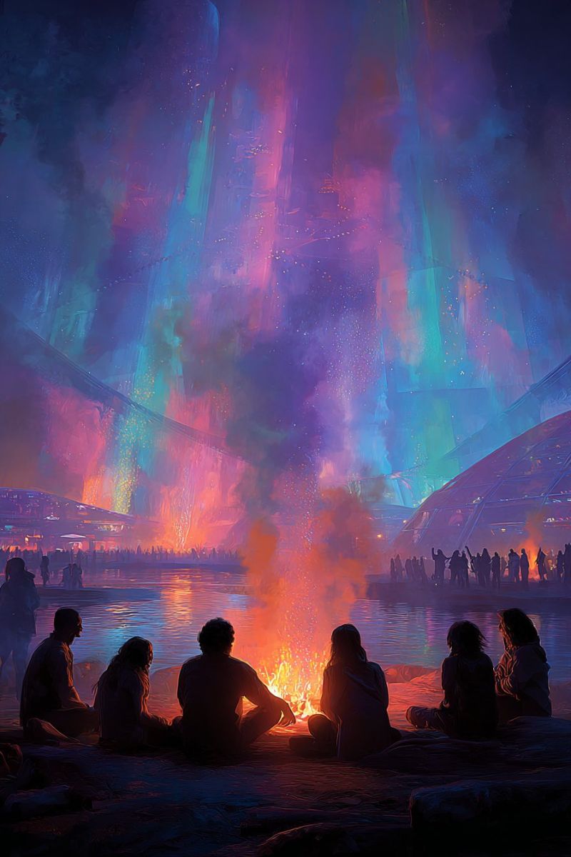 Fire people night water sky city fireworks crowd building lake In a vibrant, futuristic setting, a group of people are gathered around a bonfire on a rocky shore. The scene is illuminated by the warm glow of the fire, casting shadows and highlighting the faces of the individuals. The sky above is a mesmerizing blend of purples, blues, and pinks, with a hint of green, creating a surreal and magical atmosphere. In the background, there are futuristic buildings with glowing lights, and a large structure that resembles a bridge or a tower. The water is calm, reflecting the colors of the sky and the fire. The people are dressed in a mix of modern and futuristic clothing, and some are holding devices or looking at the sky, possibly in awe of the spectacle.