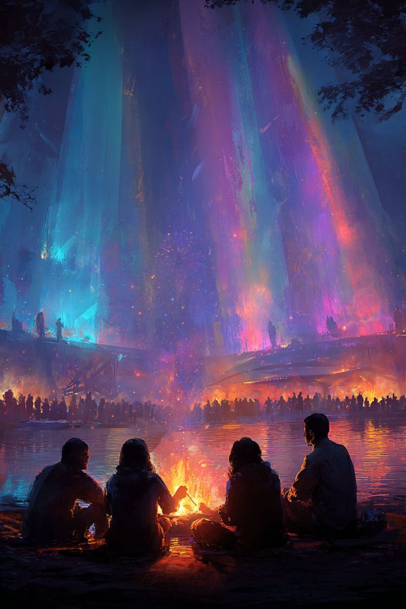 Feu gens nuit eau lac camp assis rassemblement amis aventure nature ciel arbres reflexion chaleur air communaute celebration Quatre personnes sont assises autour d'un feu de camp sur une berge de rivière, face à une grande cascade lumineuse aux couleurs vives de bleu, violet et rouge. La scène se déroule la nuit, avec le feu projetant une lumière chaude sur le groupe. En arrière-plan, une grande foule se rassemble autour de la cascade, qui est éclairée par des lumières colorées. Le ciel est sombre, et les arbres et les plantes autour de la zone sont en silhouette contre les lumières vives.