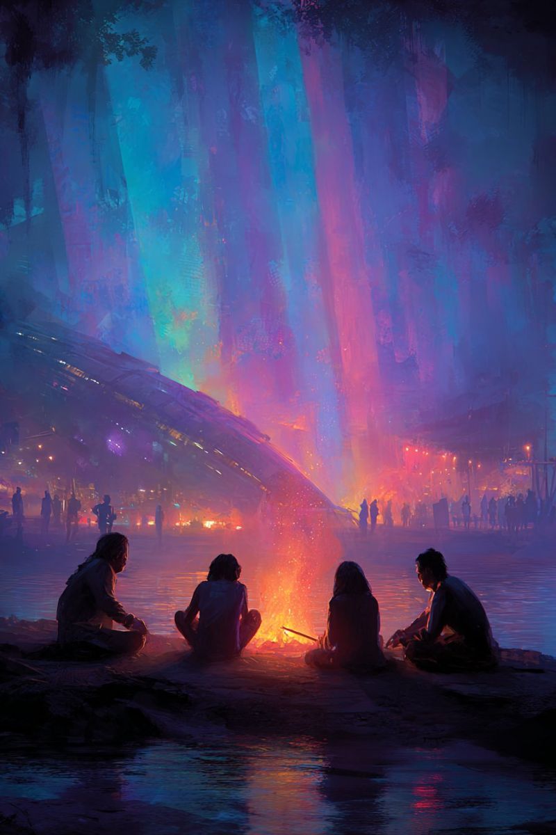 Feu camp camping amis rassemblement groupe lac nuit gens reflexion riviere pittoresque assis sourire convivialite arbres eau faune bois foret Quatre personnes sont assises autour d'un feu de camp sur une berge de rivière, leurs visages illuminés par la lueur du feu. La scène se déroule dans une forêt luxuriante et vibrante avec des arbres imposants et un arrière-plan de structure futuriste et lumineuse. Le ciel au-dessus est un mélange de bleus profonds et de violets, avec des touches de vert et de rose, créant une atmosphère surréaliste et irréelle. Au loin, une foule de personnes se rassemble autour d'une zone brillamment éclairée, peut-être un festival ou une réunion. L'eau reflète les couleurs vibrantes du ciel et du feu, ajoutant à la qualité mystique de la scène.