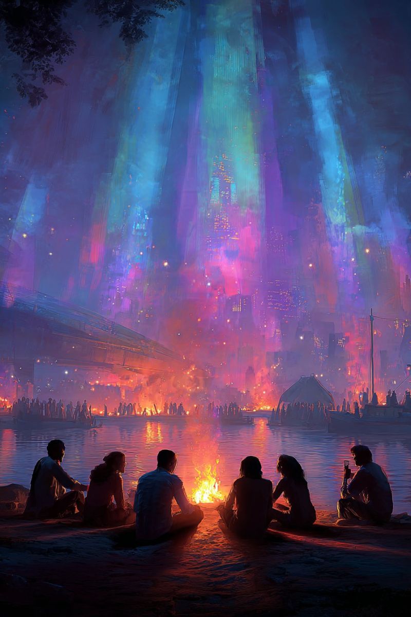 Feu nuit ville ciel eau groupe assis bateau batiment reflet feux artifice pont obscurite riviere ligne horizon urbain Un groupe de personnes est assis autour d'un feu de camp sur la rive d'une rivière. Ils font face à l'eau, le dos à la caméra. La rivière est calme, et l'eau reflète les lumières de la ville au loin. La ville est illuminée par une variété de couleurs, dont le violet, le bleu et le jaune. Il y a aussi des arbres et un pont au loin. Le ciel est sombre, et il semble qu'il va pleuvoir.