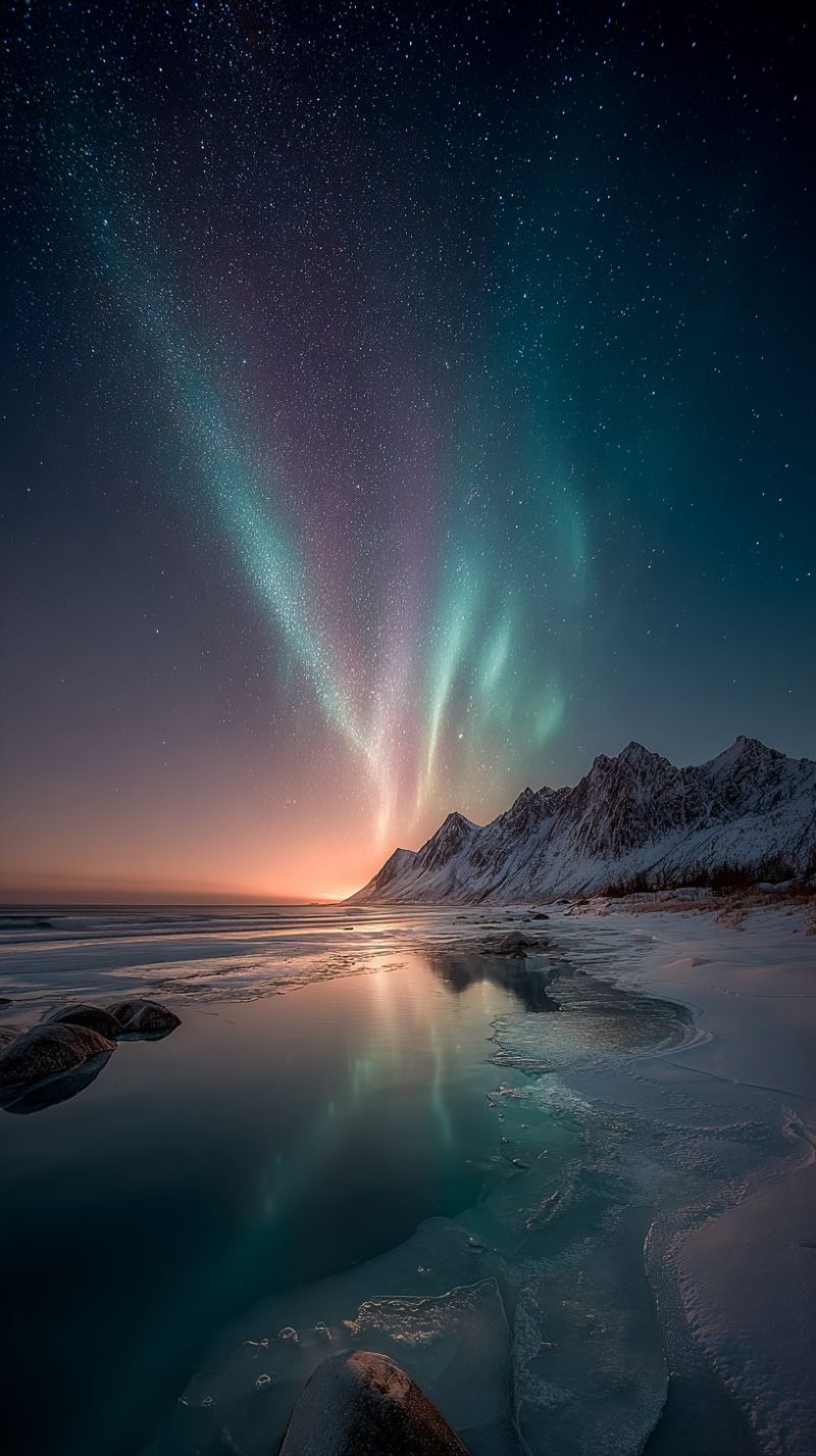 Night sky aurora stars mountains snow lake reflection ice water nature winter cold dark frost frosty frozen glacier iceberg The image captures a breathtaking night scene featuring the Aurora Borealis, or Northern Lights, illuminating the sky with vibrant green and purple hues. The auroras stretch across the sky, creating a mesmerizing display of light. Below, a serene body of water reflects the colors of the auroras, adding to the magical atmosphere. The water is calm, with a few rocks partially submerged. In the background, snow-covered mountains rise majestically, their peaks dusted with snow. The sky transitions from deep blue to a lighter hue near the horizon, hinting at the setting sun. The overall scene is tranquil and awe-inspiring, showcasing the beauty of nature's light show.