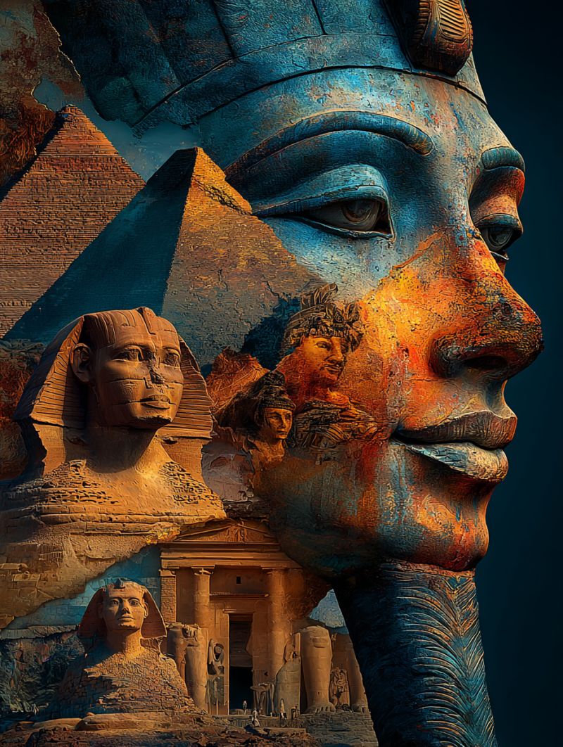 Ancien architecture bleu batiment ville culture design egypte egyptien histoire monument pyramide ciel Grand composite détaillé d'un visage avec divers éléments de l'Égypte ancienne. Le visage est principalement bleu avec des motifs et des textures complexes, ressemblant à la surface usée d'une statue monumentale. Les yeux sont grands et expressifs, avec une légère ombre en dessous. Le nez est proéminent et légèrement allongé, se fondant dans les joues qui ont une teinte brun-rouge. Les lèvres sont pleines et légèrement entrouvertes, ajoutant à la qualité réaliste du visage. Sur le visage sont superposées des images du Sphinx, d'une pyramide et de petites figures, y compris un pharaon et une reine, tous rendus dans un mélange de tons bruns et orange. Le fond est d'un bleu profond, offrant un contraste saisissant avec le visage coloré et détaillé.