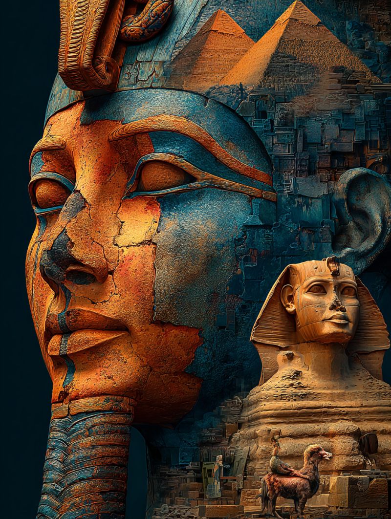 Pharaon pyramide sculpture statue antique architecture histoire culture civilisation patrimoine monument ruines desert sable pierre egypte egyptien Grande sculpture détaillée de la tête d'un pharaon égyptien ancien, mise en évidence au premier plan. La tête est peinte dans des nuances de bleu et d'orange, avec des détails complexes sur la coiffe et le visage. Le visage du pharaon a une expression sereine, avec des yeux en forme d'amande et une bouche légèrement ouverte. Derrière la tête, il y a la représentation d'une pyramide, avec une plus petite statue d'un pharaon assis devant elle. L'arrière-plan est un mélange de teintes bleues et orange, avec quelques figures et un chameau visibles, suggérant une scène de l'Égypte ancienne. La composition globale est riche en détails et en couleurs, capturant l'essence de l'art et de la culture de l'Égypte ancienne.