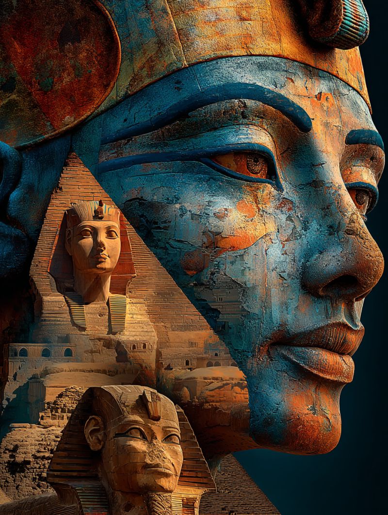 Ancien bleu composition egypte egyptien sculpture statue texture mur Grand visage détaillé d'une figure égyptienne ancienne, principalement bleu et orange avec des textures complexes. Le visage est orné d'un heaume qui a une teinte dorée et une bande bleue sur le front. En dessous du visage, il y a une petite statue d'un pharaon, portant une couronne et une robe rayée, placée devant un fond de pyramide. La pyramide est partiellement visible, avec une statue d'un pharaon à l'intérieur, et toute la scène est placée sur un fond sombre. L'image combine des éléments de l'art égyptien ancien avec une esthétique moderne, presque surréaliste.