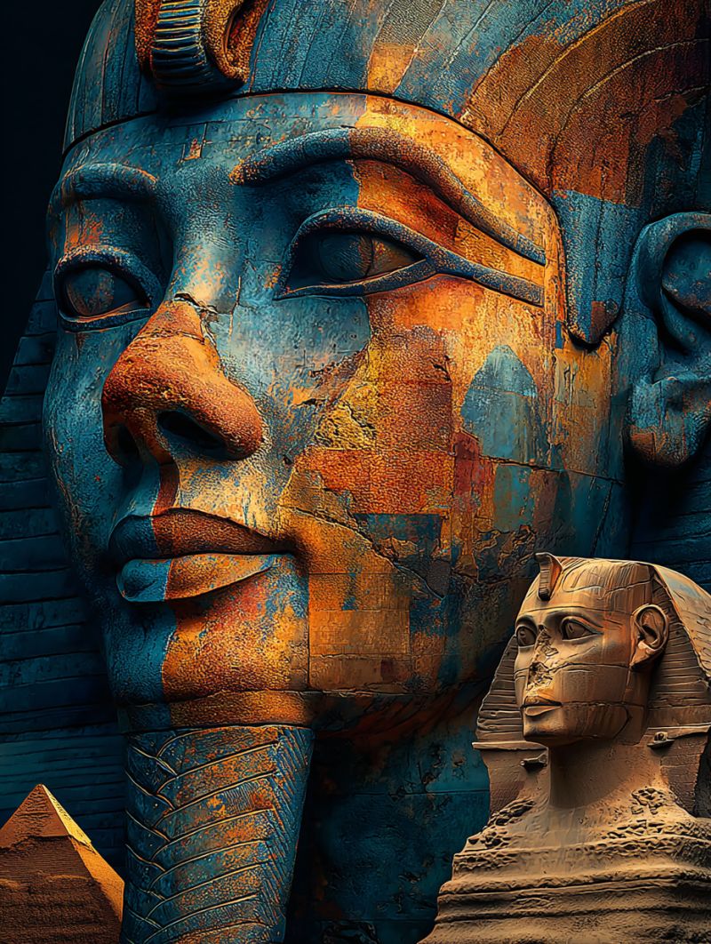 Ancient artifact blue brown colorful cracked deity egypt egyptian god head history iconic pyramid sculpture statue large, detailed statue of an ancient Egyptian pharaoh, prominently displayed in the center. The statue is painted in shades of blue and orange, with intricate patterns and textures that suggest age and wear. The pharaoh's face is highly detailed, with sharp features, almond-shaped eyes, and a regal expression. The statue's headdress is elaborate, adorned with a cobra and a sun disk. To the right of the statue, there is a smaller, weathered statue of a pharaoh, also painted in earthy tones. In the background, there is a pyramid, adding to the ancient Egyptian theme. The overall composition is rich in historical and cultural significance, showcasing the artistry and craftsmanship of ancient Egypt.
