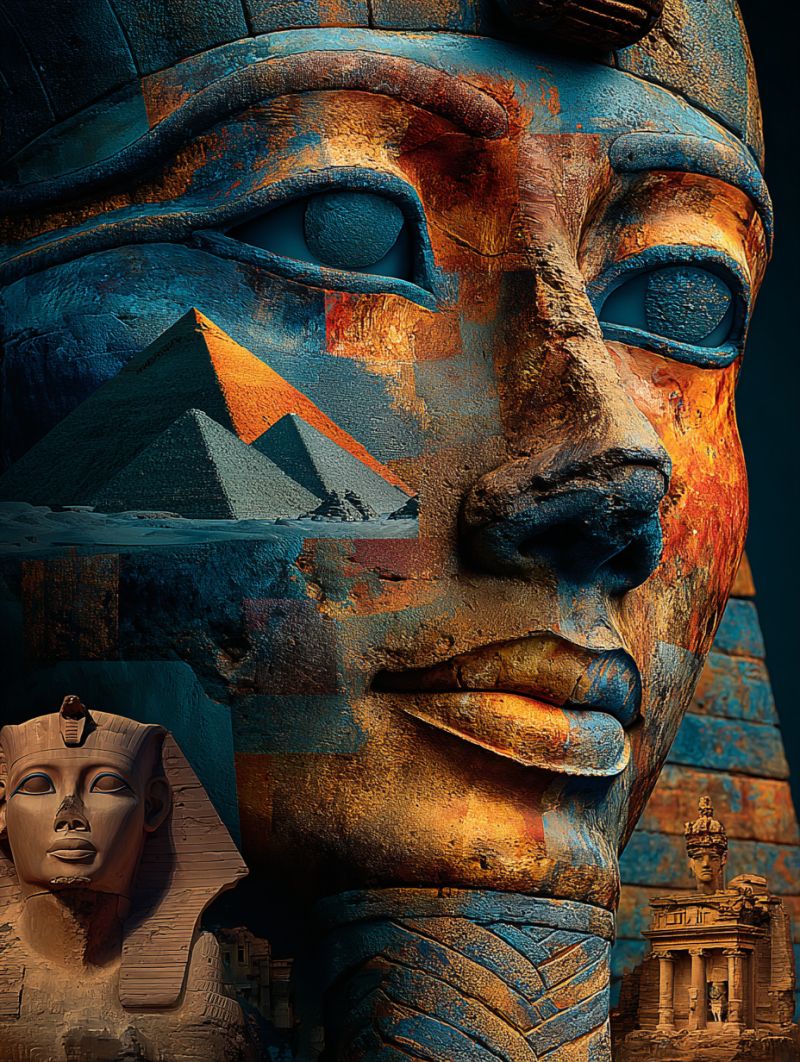 Ancient architecture blue building city culture design egypt egyptian history landmark mosaic pyramid sculpture statue texture large, detailed face of an ancient Egyptian statue, prominently displayed against a dark background. The face is painted in a mix of blue, orange, and brown hues, with intricate patterns that resemble ancient Egyptian art. The eyes are large and almond-shaped, with a striking blue color, and the nose is prominent with a slightly upturned tip. The mouth is slightly open, revealing teeth, and the cheeks are slightly hollowed. The statue's head is adorned with a traditional headdress, and the background includes a pyramid and a smaller statue of a pharaoh, adding to the ancient Egyptian theme. The overall composition is vibrant and detailed, capturing the essence of ancient Egyptian art and culture.