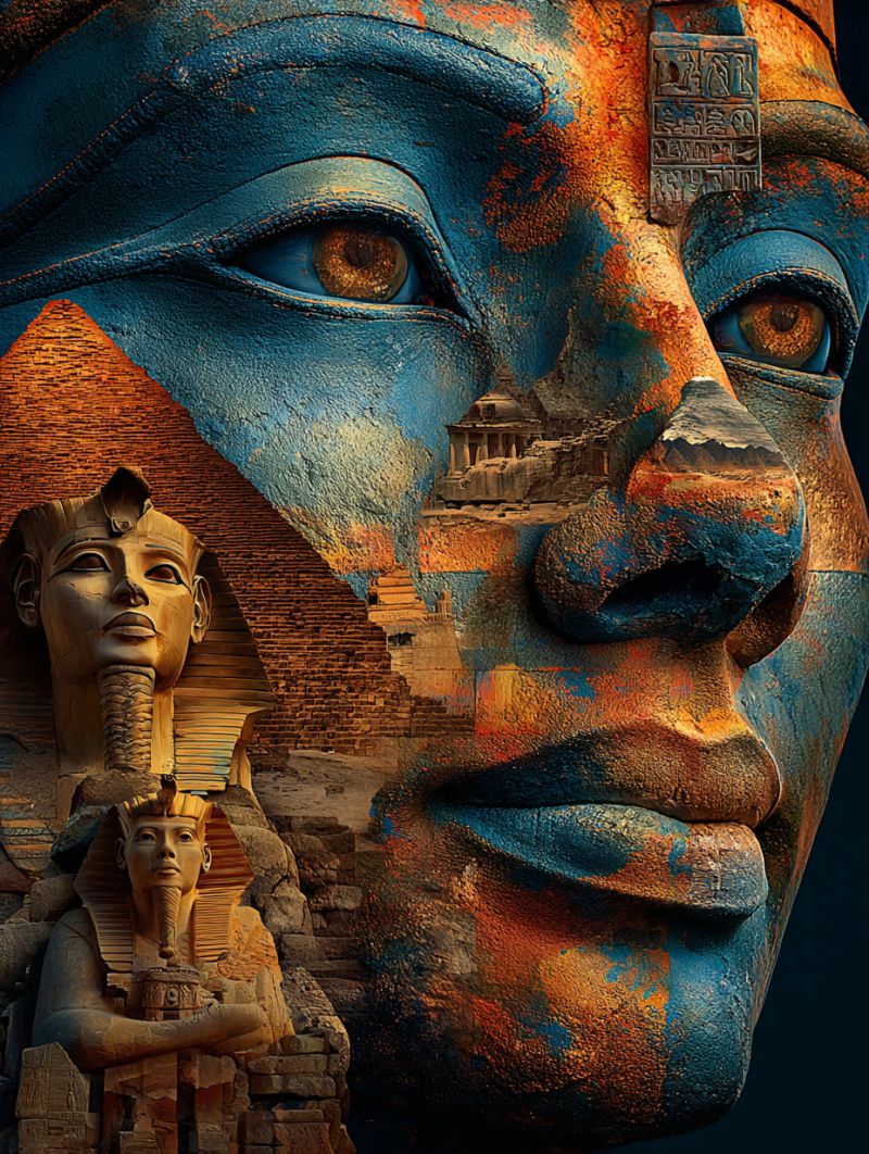 Ancient blue culture design egypt egyptian painting tattoo ideas inspiration patterns trends Gros plan d'un visage humain peint dans des teintes bleues et orange vibrantes, avec une statue dorée d'un pharaon de l'Égypte ancienne positionnée sous le visage. La statue du pharaon est assise les bras croisés, portant une coiffe et une barbe. Le visage a un oeil saisissant avec une iris et une pupille dorées, et le nez est grand et proéminent. L'arrière-plan du visage comprend une pyramide et un temple, se fondant dans la peau peinte. La composition globale est une fusion de l'art égyptien ancien et de l'art numérique moderne, créant un effet surréaliste et artistique
