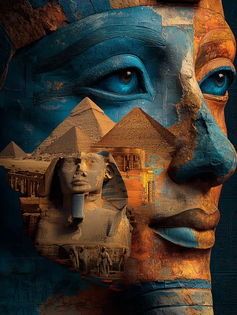 Ancien bleu brun composition culturel desert egypte egyptien oeil fusion hieroglyphes histoire pyramide sculpture Visage humain avec un mélange de tons bleus et oranges, rappelant l'art de l'Égypte ancienne. Le visage a des yeux bleus saisissants et un nez proéminent. Superposé au visage se trouve une statue d'un pharaon de l'Égypte ancienne, portant un heaume et une barbe. L'arrière-plan comprend des pyramides et un temple, avec une lumière dorée et chaude illuminant la scène. La composition globale mêle des éléments de la culture égyptienne ancienne avec une touche artistique moderne.