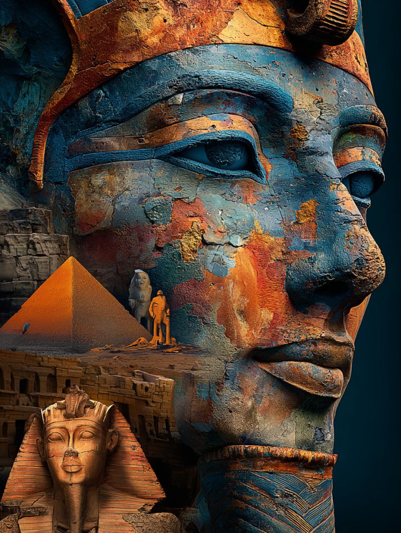 Ancient blue building composition culture design egypt egyptian gold history pyramid sculpture statue texture wall large, weathered face of an ancient Egyptian statue, prominently displayed against a dark background. The face is painted in a mix of blue, orange, and brown hues, with intricate details and cracks adding to its aged appearance. The eyes are almond-shaped and painted in a deep blue, with a slight shadow beneath them. The nose is broad and slightly worn, and the lips are painted in a muted orange. Below the face, there is a depiction of a pyramid, with two small figures standing in front of it, one wearing a hat and the other in a robe. To the left of the face, there is a smaller statue of a pharaoh, wearing a golden headdress and a golden mask, with a golden collar around its neck. The background is a mix of blue and orange, with a few small cracks and imperfections.