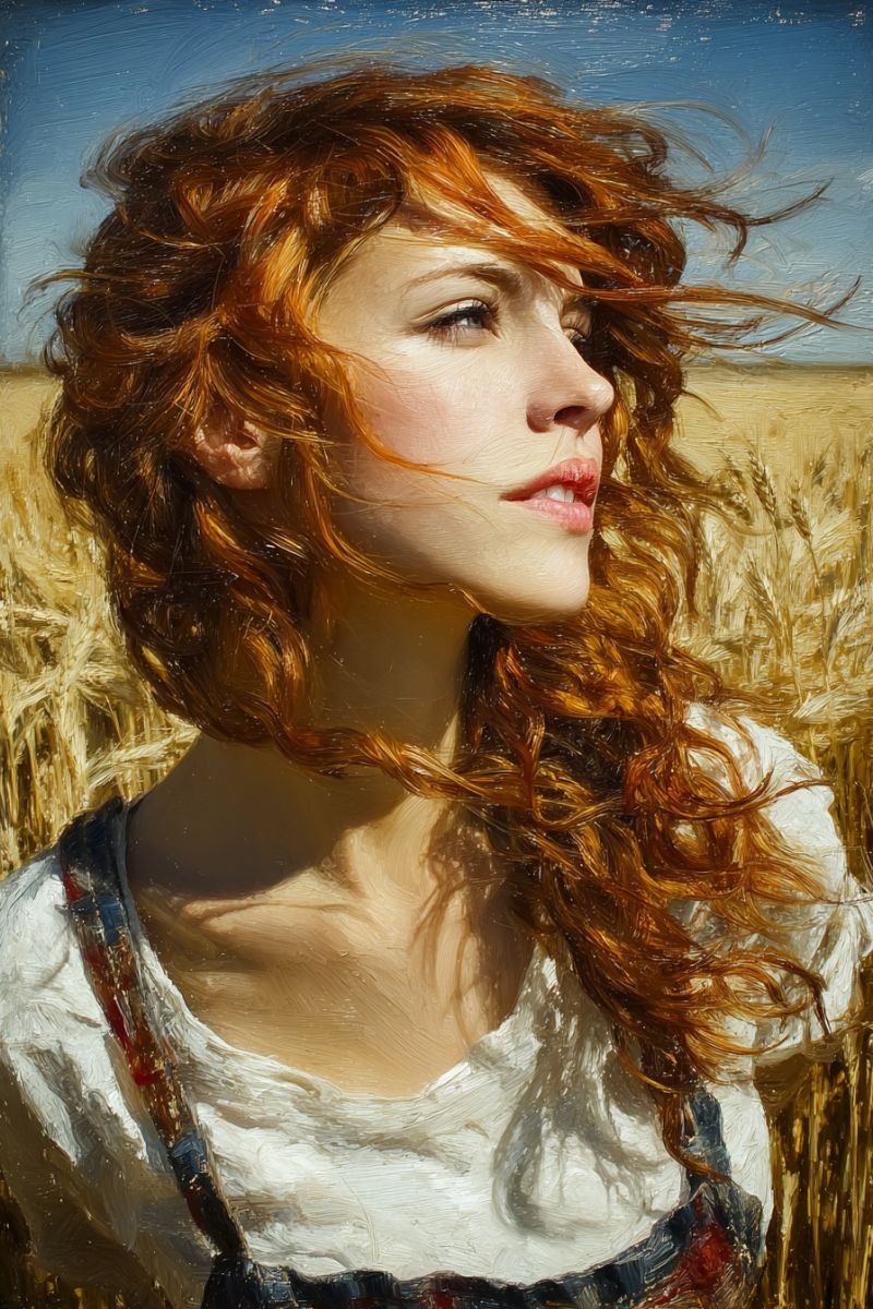 Femme vent nature air soleil beaute elegance expression emotion rouge boucles ble champ heure doree Une femme aux cheveux roux bouclés se tient dans un champ de blé, son profil tourné vers la gauche. Elle porte une chemise blanche avec un tablier à carreaux bleu et rouge. Ses cheveux sont agités par le vent, et ses yeux sont fermés. L'arrière-plan est un champ de blé doré sous un ciel bleu clair.