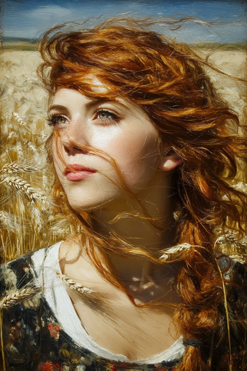 Femme yeux nature soleil vent expression emotion beaute rouge ble champ Une femme aux cheveux roux bouclés se tient dans un champ de blé. Ses cheveux sont agités par le vent, et elle a une expression sérieuse. Elle porte un haut blanc avec un motif floral sur le bas. L'arrière-plan est un champ de blé doré sous un ciel bleu.