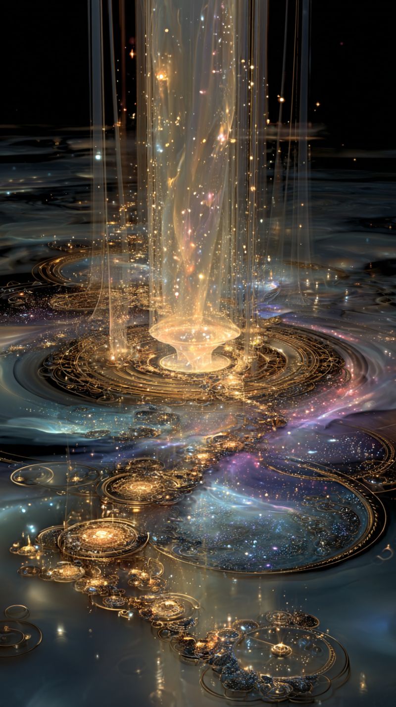 Blue circle colorful design fractal fractals glow golden ratio spiral spirals central golden spiral structure emitting a warm, glowing light. This spiral is surrounded by a series of concentric circles, each with intricate, golden, and blue designs. The background is a deep, dark blue, with scattered golden and blue lights that resemble stars or galaxies. The overall effect is ethereal and otherworldly, with a sense of depth and movement, as if the spiral and circles are floating in a vast, cosmic space.