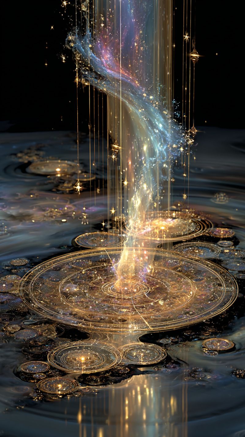 Cercle bleu concept design fantaisie fictionnel lueur dore spirale spirales Scène surréaliste avec une structure centrale en spirale qui semble être faite de lumière et d'eau. Cette structure est entourée par une série de motifs circulaires concentriques qui ressemblent à une fontaine ou une cascade. L'eau est dorée et réfléchit la lumière, créant un effet scintillant. Le fond est sombre, accentuant la luminosité de la structure centrale. La scène est remplie de lumières étincelantes et d'étoiles, ajoutant à l'atmosphère mystique et irréelle. La composition globale est complexe et détaillée, avec un sentiment de mouvement et de fluidité.