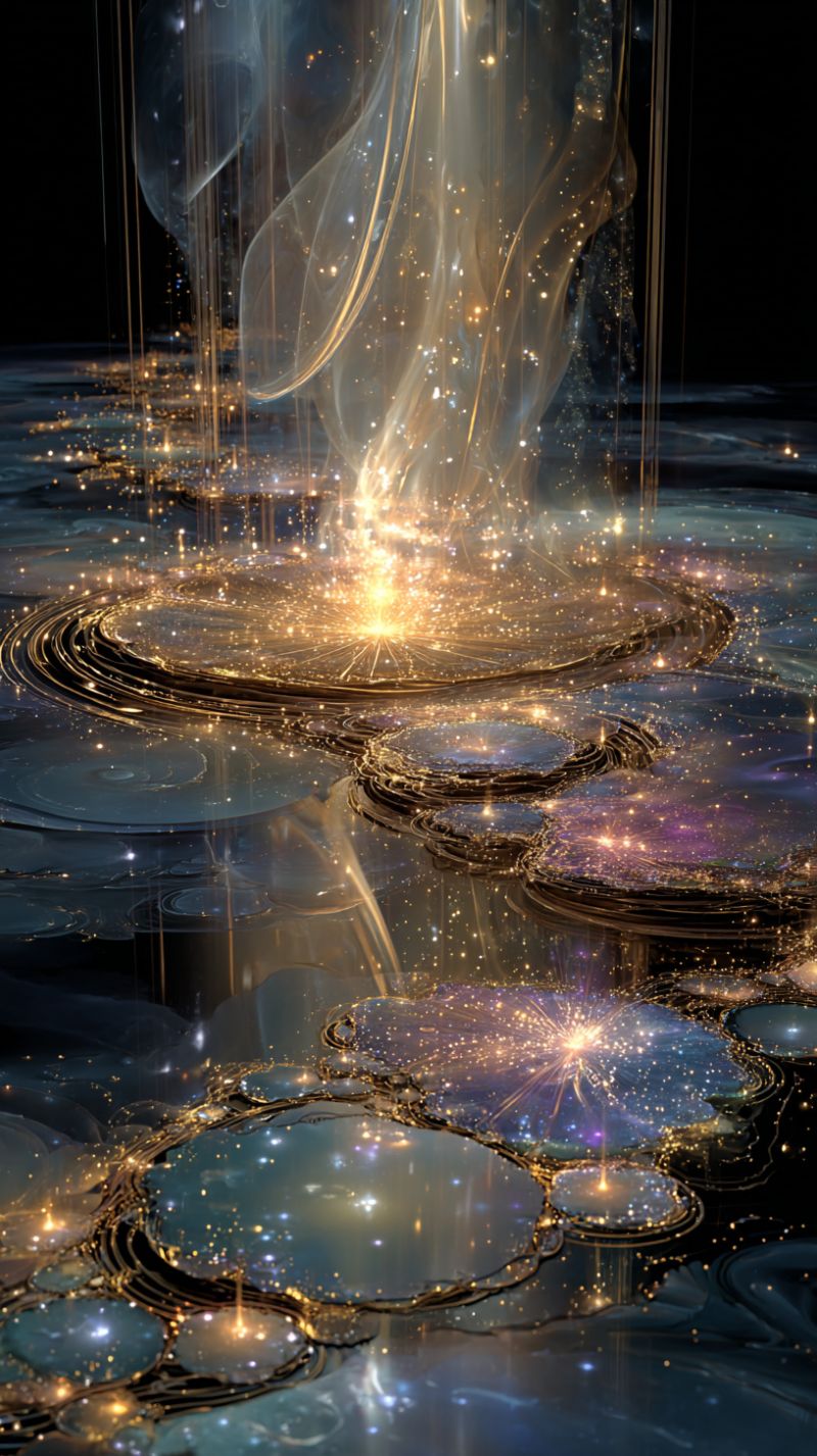 Bubbles circles colorful concept design fantasy fireworks floating fractal glow golden illusion liquid magic surreal and ethereal scene with a central focus on a glowing, golden light source. This light appears to be a fountain or a burst of energy, surrounded by a cascade of shimmering, translucent droplets that seem to float in the air. The droplets are illuminated from within, casting a warm, golden glow that reflects off the surrounding water. The water itself is a deep, dark blue, with intricate patterns and ripples that suggest movement. There are also floating, circular objects that resemble lotus flowers, each adorned with sparkling, golden accents and intricate designs. The background is a deep, dark blue, creating a stark contrast with the bright, golden light. The overall effect is one of otherworldly beauty and tranquility.