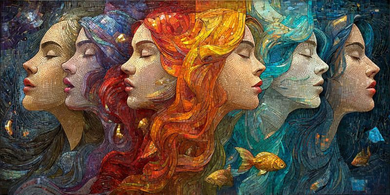 Mosaic painting woman red yellow blue gold fish eyes lips sleep dream fantasy imagination beauty Oeuvre en mosaïque représentant cinq femmes les yeux fermés, chacune avec des couleurs et des styles de cheveux distincts. La première femme à gauche a de longs cheveux ondulés bleu foncé et porte une robe en mosaïque bleue et blanche. La deuxième femme a des cheveux roux flamboyants, coiffés en ondes lâches, et est parée d'une robe en mosaïque rouge et orange. La troisième femme a des cheveux ondulés dorés, et sa robe en mosaïque est un mélange de teintes jaunes et orange. La quatrième femme a des cheveux turquoise, coiffés en ondes lâches, et sa robe en mosaïque est un mélange de bleu et de vert. La cinquième femme à droite a de longs cheveux ondulés bleu foncé, similaires à ceux de la première femme, et sa robe en mosaïque est un mélange de bleu et de blanc. Chaque femme a un petit poisson flottant près de ses cheveux, ajoutant une touche fantaisiste à l'oeuvre