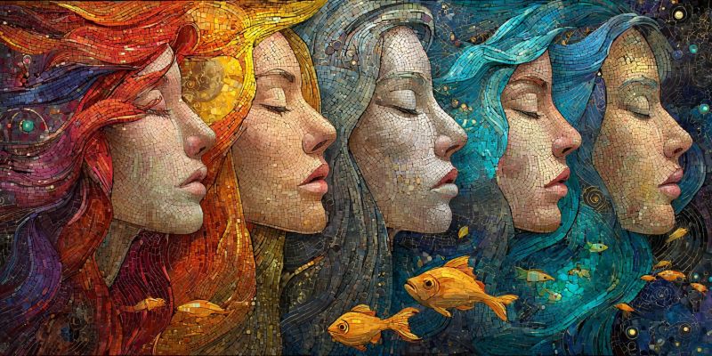 Mosaique poisson oeuvre en mosaïque représentant cinq visages féminins alignés, chacun avec des couleurs et des styles de cheveux distincts. Le premier visage à gauche a des cheveux rouge feu et orange, avec un motif de soleil doré derrière lui. Le deuxième visage a des cheveux dorés, le troisième a de longs cheveux bleus ondulés, le quatrième a des cheveux bleu foncé, et le cinquième a des cheveux bleu clair. Tous les visages sont sereins avec les yeux fermés, et le fond comprend une galaxie avec des étoiles et des poissons nageant autour des visages. La mosaïque est vibrante et colorée, chaque visage étant composé de petites tuiles complexes.