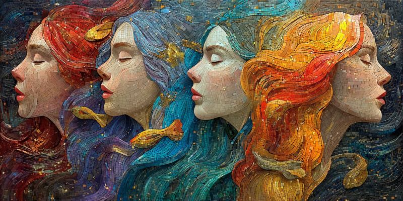 Mosaique femme rouge bleu jaune yeux oreille cou ombre texture beaute oeuvre en mosaïque représentant quatre femmes aux cheveux longs et fluides. Chaque femme a une palette de couleurs distincte pour ses cheveux : la première femme a des cheveux roux ardents, la deuxième a des cheveux bleu profond, la troisième a un mélange de teintes bleues et vertes, et la quatrième a des cheveux dorés et ardents. Leurs yeux sont fermés et elles semblent être dans un état serein et méditatif. La mosaïque est composée de petites tuiles colorées qui créent un motif vibrant et complexe, donnant à l'oeuvre une apparence dynamique et vivante. Le fond est un mélange de teintes sombres et claires, améliorant le contraste et la profondeur de la mosaïque.