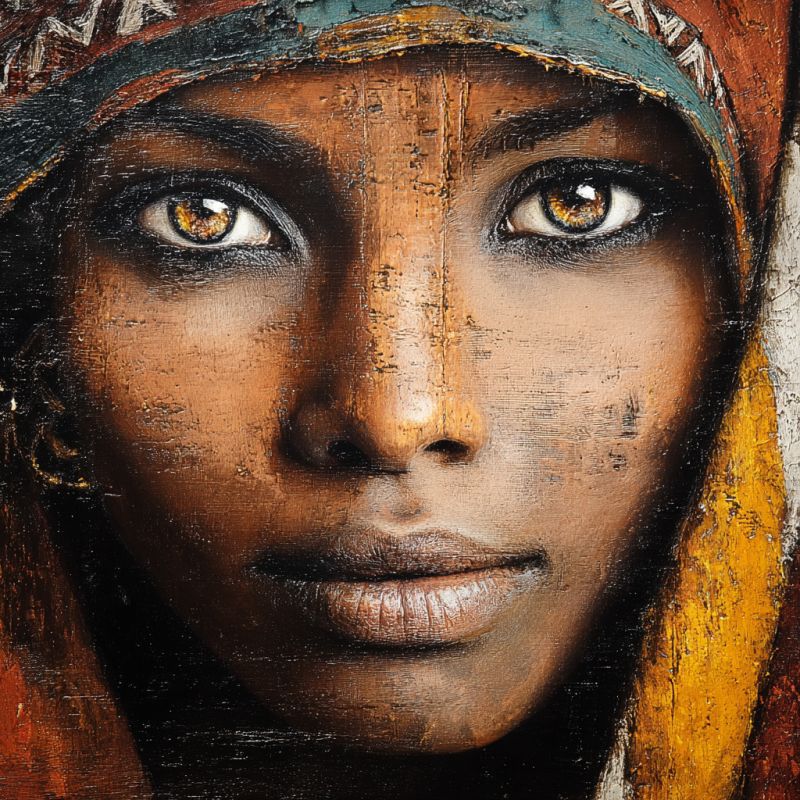 Femme femmes Portrait rapproché du visage d'une femme. Elle a une peau chaude et brune et ses yeux sont en forme d'amande avec une teinte dorée. Ses sourcils sont épais et arqués, et ses cils sont longs et foncés. Son nez est droit et bien défini, et ses lèvres sont pleines et légèrement entrouvertes. Elle porte un foulard qui est un mélange de couleurs rouge, jaune et verte, avec des motifs complexes. L'arrière-plan est flou, et la peinture a un aspect texturé, presque tridimensionnel.