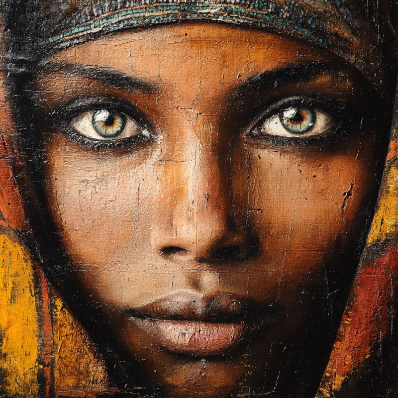 Painting woman close-up portrait of a woman's face. She has striking green eyes with a hint of brown, and her gaze is direct and intense. Her skin is a warm brown tone, and her lips are full and slightly parted. She wears a colorful headscarf with a mix of red, yellow, and black patterns. The background is blurred, and the painting has a textured, almost rough appearance, with visible brush strokes and a slightly distressed look. The overall effect is both vibrant and somewhat raw, capturing the woman's intense expression and the rich cultural elements of her attire.