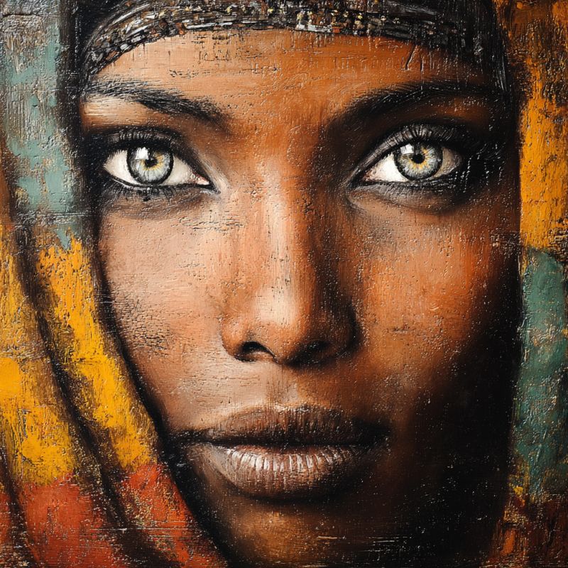 Femme Portrait en gros plan du visage d'une femme. Elle a un teint chaud et brun et ses yeux sont en forme d'amande avec une teinte verte saisissante. Ses sourcils sont épais et arqués, ajoutant à l'expressivité de son regard. Les lèvres de la femme sont pleines et légèrement entrouvertes, laissant entrevoir un aperçu de ses dents. Ses cheveux sont coiffés de manière à couvrir partiellement son front et ses oreilles, avec un bandeau décoratif visible en haut. Le fond est un mélange de teintes jaunes et orange chaudes, qui complètent les tons terreux de sa peau. Le style de peinture est détaillé et texturé, donnant au portrait une apparence réaliste.