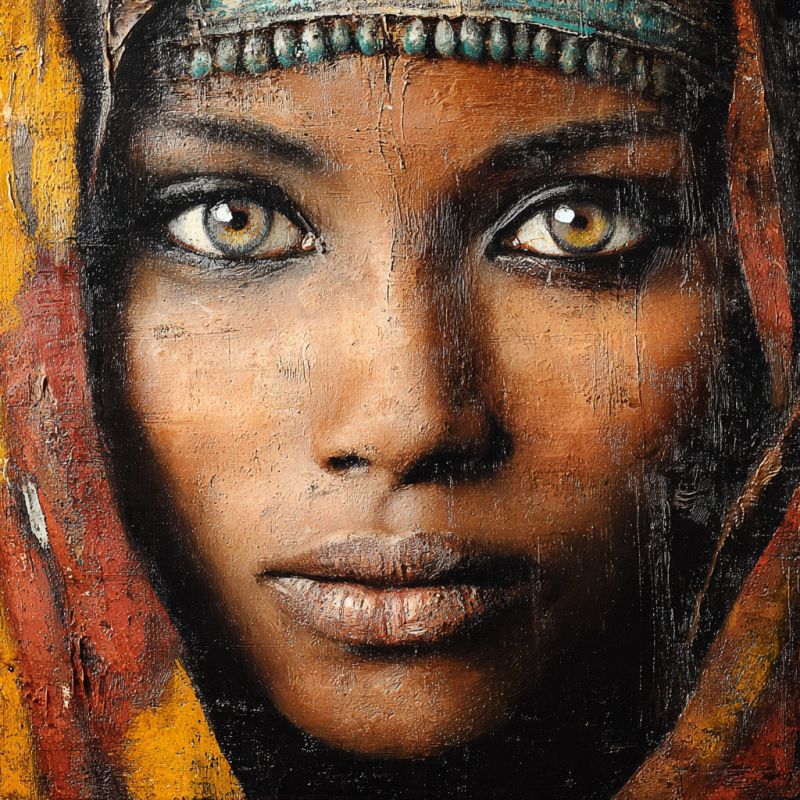 Femme femmes Portrait rapproché du visage d'une femme. Elle a des yeux frappants en forme d'amande avec une iris marron chaud et une touche de jaune, leur donnant un regard captivant et intense. Ses sourcils sont épais et arqués, ajoutant à l'expressivité de son regard. Le teint de la femme est un brun chaud et riche, et la peinture capture la texture de sa peau avec des coups de pinceau visibles, lui donnant une qualité texturée, presque tactile. Elle porte un foulard coloré qui drape son front et descend jusqu'à ses épaules, avec des teintes rouges, jaunes et vertes vibrantes. L'arrière-plan est intentionnellement flou, concentrant l'attention du spectateur uniquement sur son visage et les détails complexes de son expression et de sa tenue.