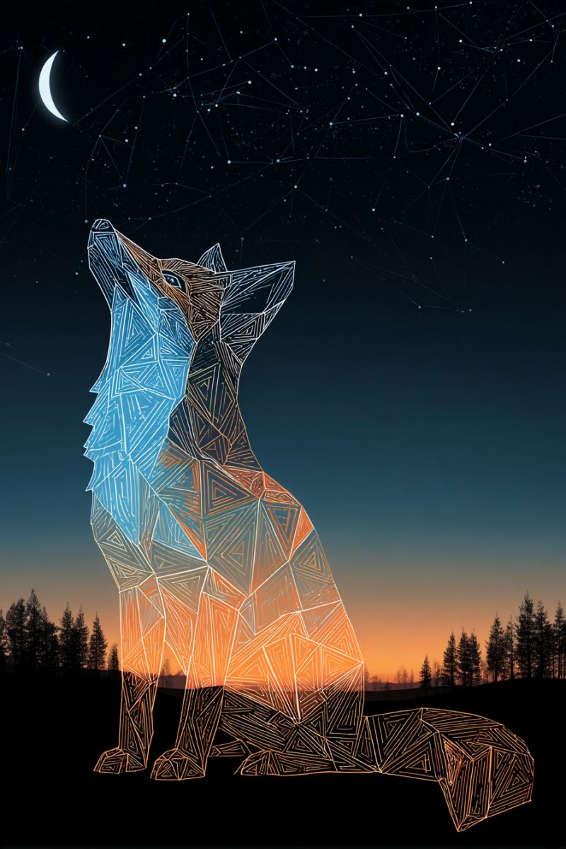 Fox night moon stars geometric wildlife sunset forest trees colorful pattern design nature animal sky An artistic illustration of a wolf howling at the moon. The wolf is depicted in a geometric style with a mix of blue, orange, and brown colors. The wolf's body is outlined with a combination of straight and curved lines, creating a unique and abstract appearance. The background features a dark sky with stars and a crescent moon, adding to the mystical and serene atmosphere. The wolf's silhouette is set against a back of silhouetted trees, enhancing the sense of mystery and wonder.