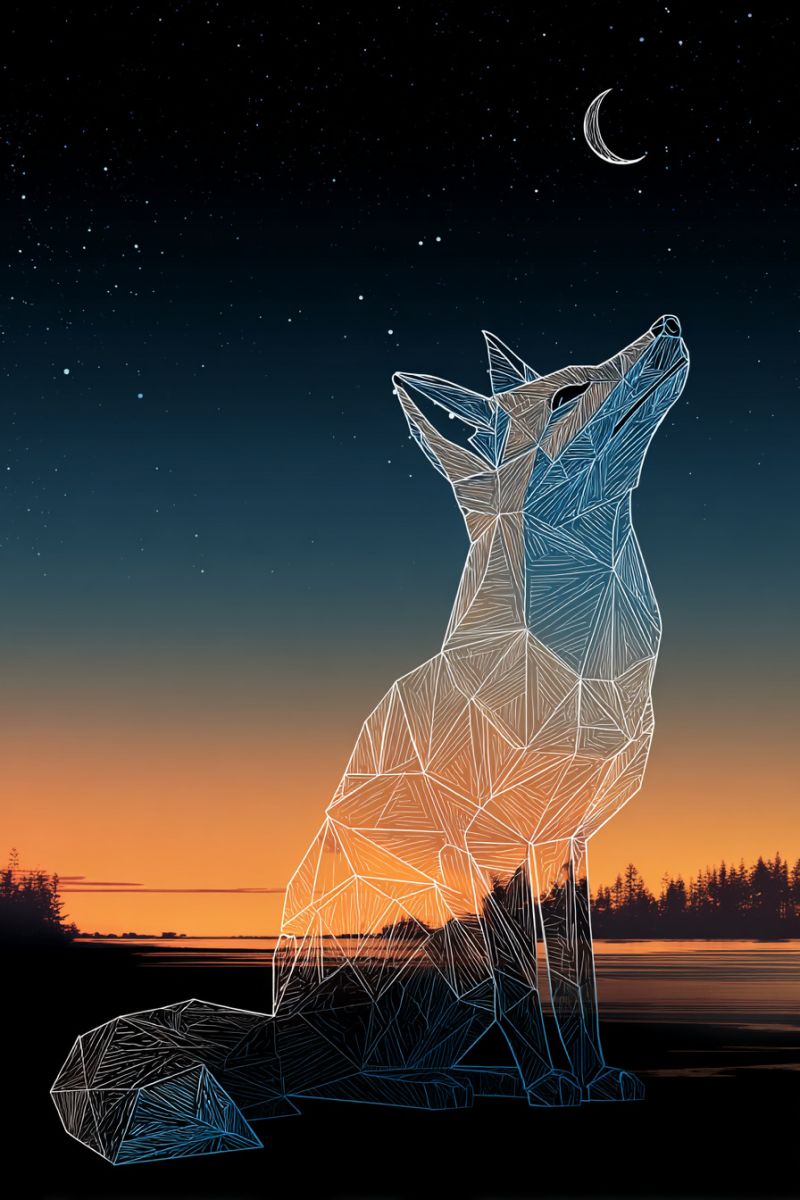 Fox night moon sunset geometric wildlife nature starry sky water trees horizon reflection colorful crepuscular stylized illustration of a fox sitting on the ground, its head lifted towards the sky. The fox is depicted with a geometric, abstract style, using lines and shapes to create its form. The background is a deep blue night sky filled with stars, and there is a crescent moon visible. The ground beneath the fox is dark, and there is a silhouette of trees and a body of water in the distance, with the sky transitioning from dark blue to orange and pink hues, indicating the setting sun.