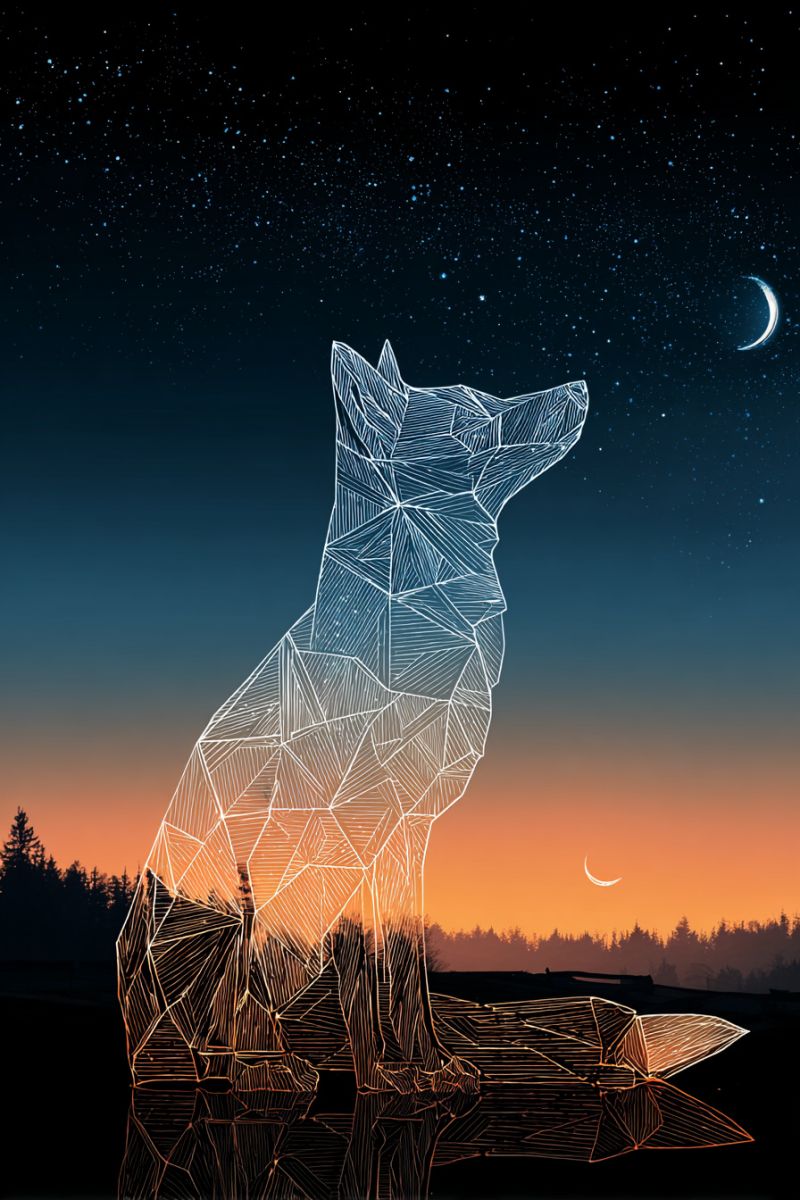 Loup nuit ciel lune etoiles geometrique foret arbres coucher soleil reflet eau faune nature creativite design Silhouette stylisée d'un loup assis sur un rocher, tourné vers le ciel. Le corps du loup est composé de formes géométriques complexes, lui donnant une apparence moderne et abstraite. Le fond présente un ciel nocturne rempli d'étoiles, et une lune croissante est visible dans le coin supérieur droit. Le ciel passe du bleu foncé à une teinte orange chaude près de l'horizon, suggérant l'aube ou le crépuscule. La silhouette des arbres est visible en arrière-plan, ajoutant à l'atmosphère sereine et mystique de la scène. Le reflet du loup peut être vu sur la surface en dessous, reflétant sa forme et ajoutant de la profondeur à l'image.