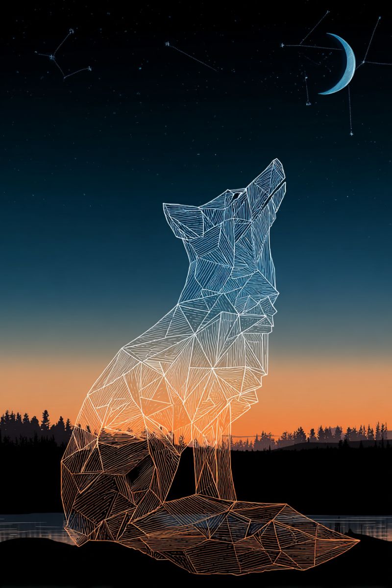 Wolf night sky moon stars geometric forest water reflection sunset crepuscular wildlife nature animal outdoor An artistic illustration of a wolf howling at the moon. The wolf is depicted in a geometric, abstract style with a mix of orange and white colors. The wolf's body is composed of interconnected triangles and lines, giving it a unique, modern look. The moon is a crescent shape, glowing brightly in the night sky, with stars scattered around it. The background features a silhouette of trees and mountains, with a gradient of orange and blue, suggesting a sunset or sunrise. The overall scene is set against a dark blue sky, creating a striking contrast.