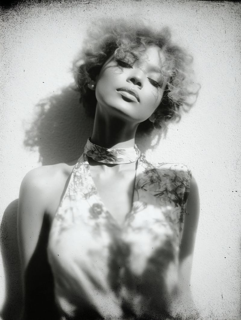 Femme beaute elegante classique vintage expression ombre texture monochrome bouclee Femme aux cheveux bouclés. Elle se tient contre un mur, la tête légèrement inclinée sur le côté et les yeux fermés. Elle porte un débardeur à motif floral et un foulard autour du cou. La lumière projette des ombres sur son visage et son corps, créant un effet dramatique. Le fond est simple et blanc, mettant en valeur le sujet.