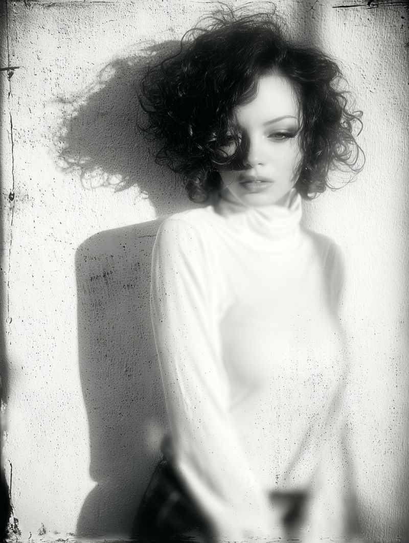 Femme ombre mur texture beaute expression maussade vintage glamour elegant minimalisme boucle Femme aux cheveux bouclés. Elle porte un chandail col roulé blanc et ses cheveux sont coiffés en boucles lâches. Elle se tient contre un mur texturé, et son ombre est projetée sur le mur derrière elle. L'image a un effet légèrement flou, ajoutant à l'ambiance générale.