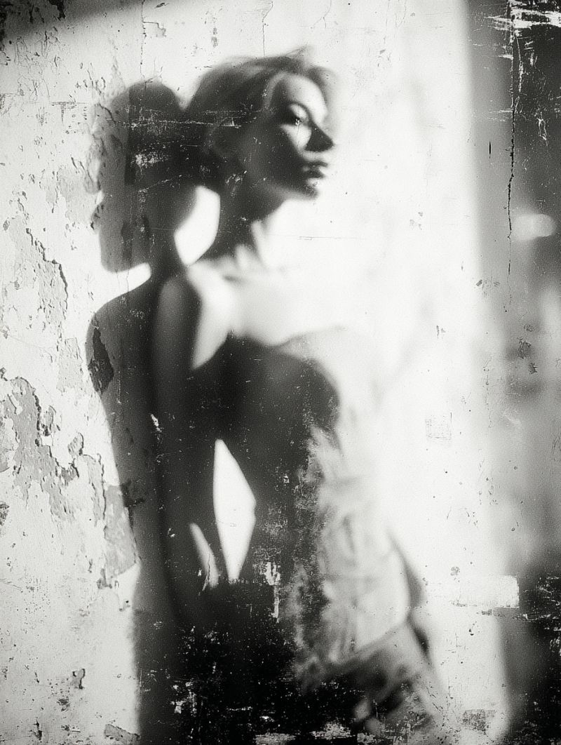 Woman shadow fashion beauty vintage elegant classic glamour retro monochrome expression mood A black and white photograph shows a woman standing in front of a textured wall. She is wearing a strapless dress and has her hair styled in a loose, wavy manner. Her body is partially obscured by shadows, creating a dramatic effect. The image has a slightly blurred quality, adding to its artistic and mysterious atmosphere.