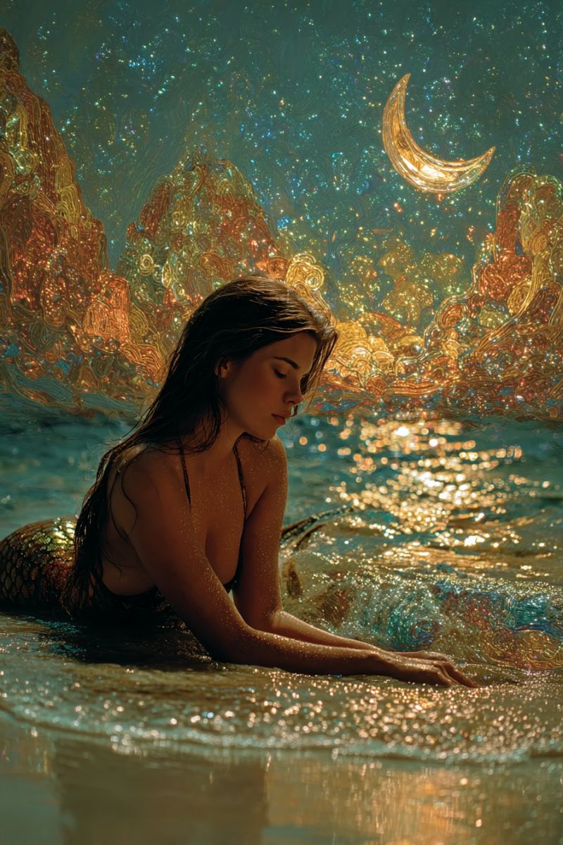 Mermaid woman water sea moon night dream fantasy magic glamour glint sparkle reflection glow beauty imagination creativity A woman with long, dark hair is sitting on the water's surface, her body partially submerged. She wears a shimmering, iridescent mermaid tail that reflects the colors of the water and sky. Her eyes are closed, and she appears to be in a state of deep contemplation or rest. The water around her is calm, with gentle ripples. The background features a surreal, abstract landscape with golden and blue hues, and a crescent moon with a golden glow. The sky is filled with sparkling stars, adding to the magical atmosphere.
