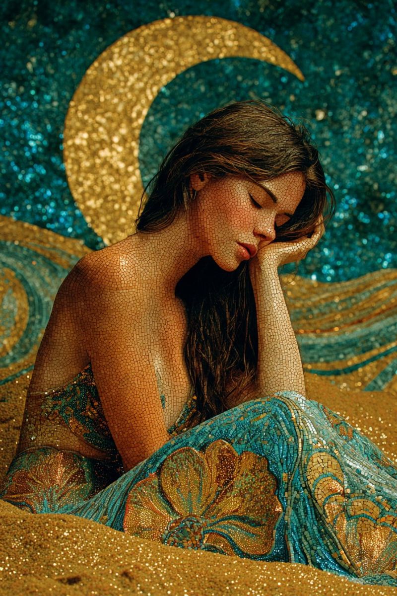 Beaute plage calme composition creativite decoratif design reveur elegance glamour inspiration bijouterie luxe raffine Une femme est allongée sur une surface sablonneuse, son corps recouvert d'un tissu chatoyant, semblable à un mosaïque, qui reflète la lumière en nuances de bleu, or et vert. Ses cheveux tombent en cascade dans son dos, et elle repose sa tête sur sa main, les yeux fermés dans une expression sereine. Derrière elle, un fond présente un croissant de lune doré entouré d'un motif tourbillonnant de bleu et d'or, créant une atmosphère mystique et éthérée. Toute la scène est baignée d'une lumière douce et chaude, rehaussant l'effet chatoyant de la tenue de la femme et la qualité mystique du fond.