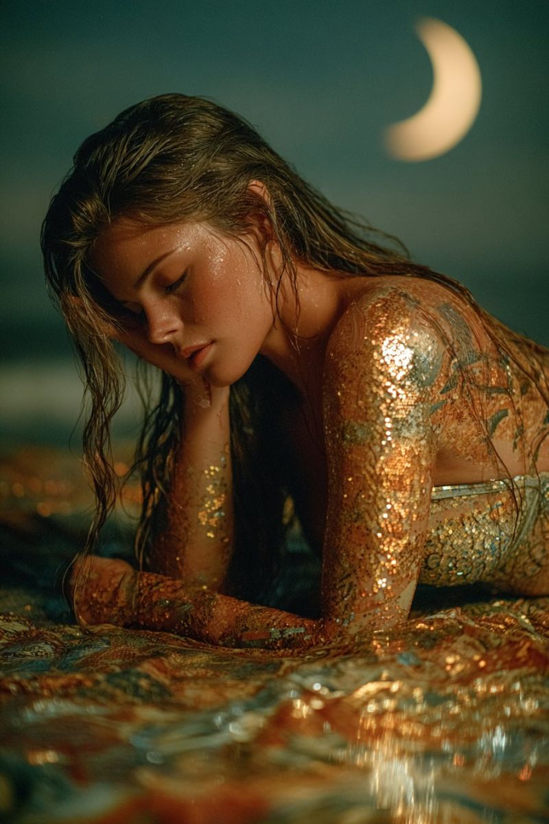Femme nuit lune eau mouille sommeil reve fantaisie beaute glamour celeste reflexion Une femme est allongée sur le côté sur un lit d'eau, son corps recouvert de peinture dorée scintillante. Ses cheveux sont mouillés et tombent sur son visage, lui cachant les yeux. Elle repose sa tête sur son bras, également recouvert de peinture dorée. La scène se déroule sur fond de croissant de lune dans le ciel nocturne.